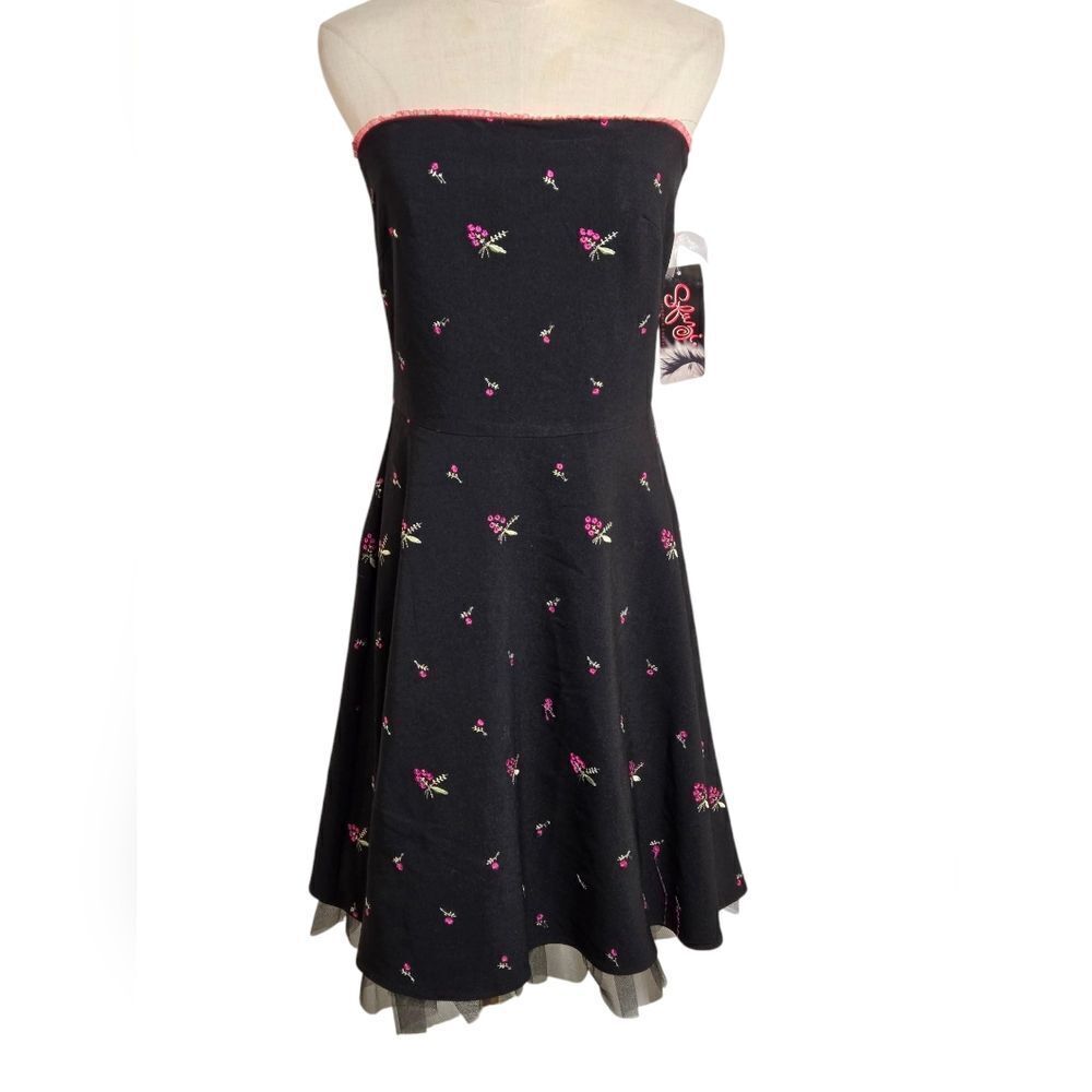 Sfuzi Vintage  Black Pinup Rockabilly Dress with Pink Floral Embroidery NWT